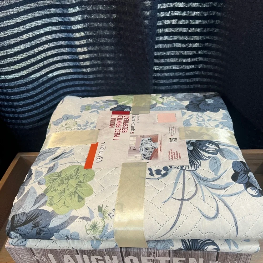Dahdoul Home Moonlit Queen Bedspread Blue‎ Green Floral Printed 86x86 NEW
